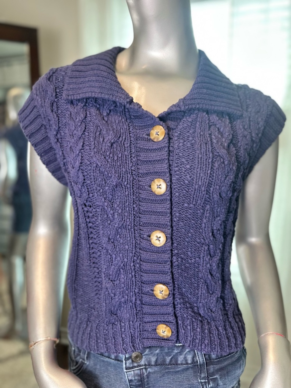 Anthropologie Pilcro Cable Knit Cotton Sweater Vest Small Blue Button Front